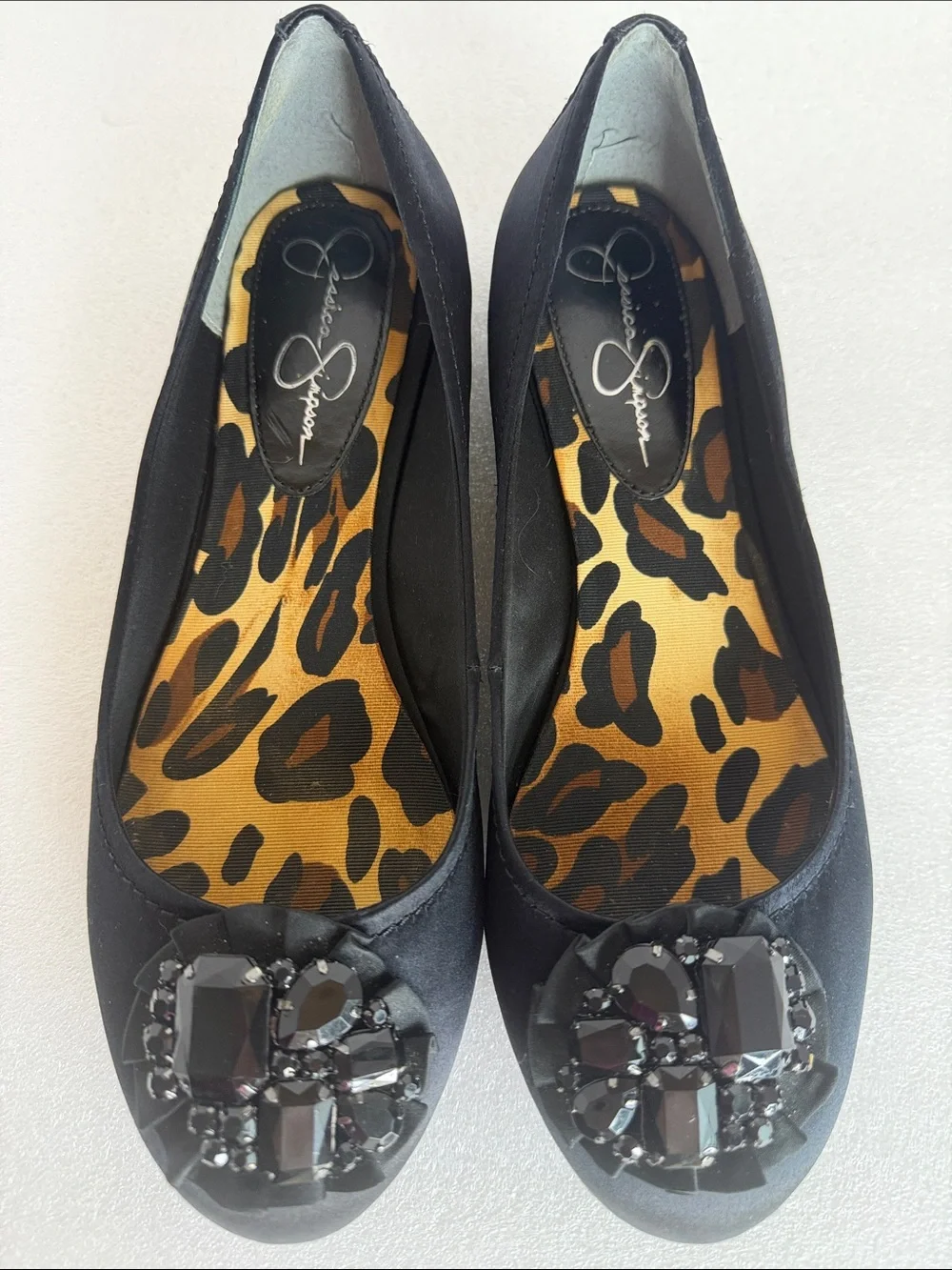 JESSICA SIMPSON Lepolia Black Satin Jeweled Rhinestone Ballet Flats Women’s 8